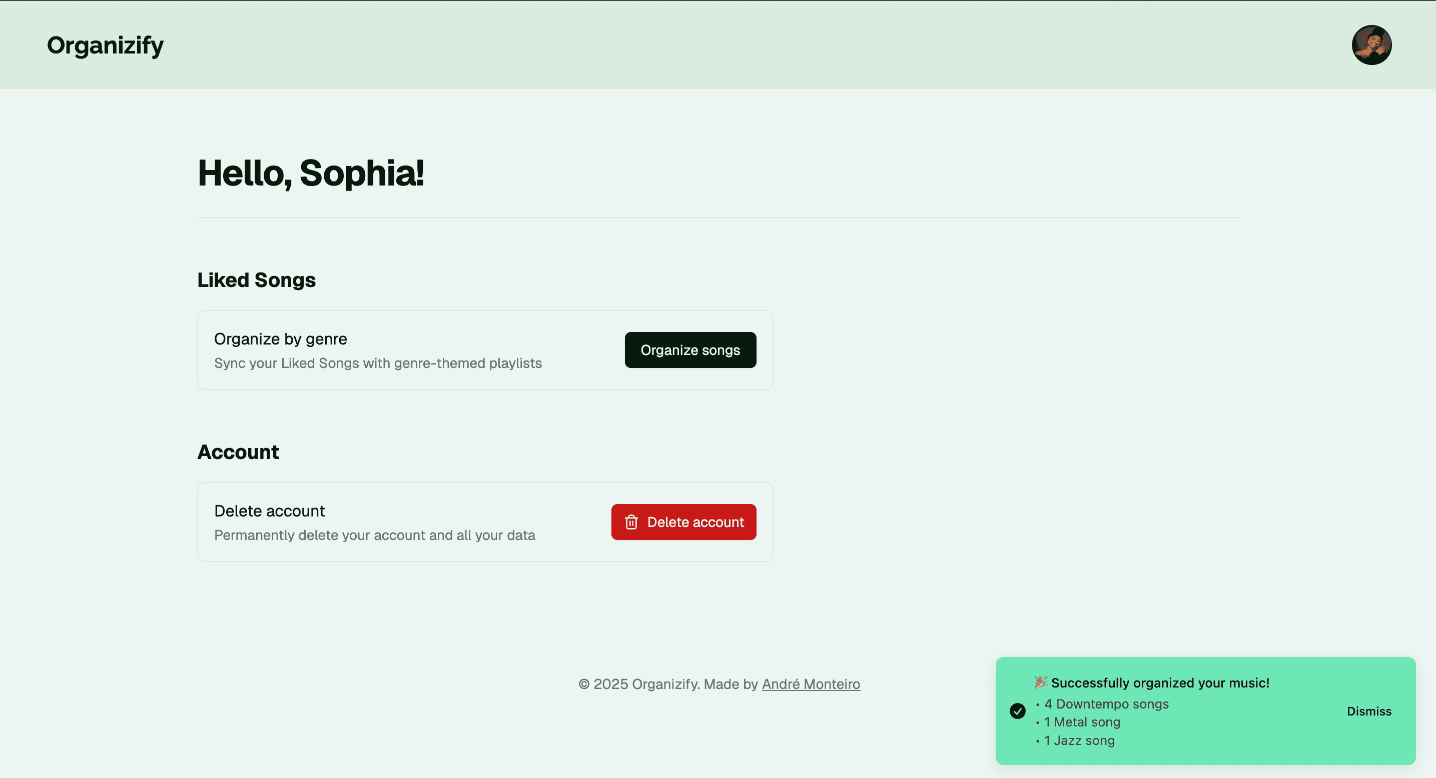 User's dashboard with a successful toast that shows the organized genres