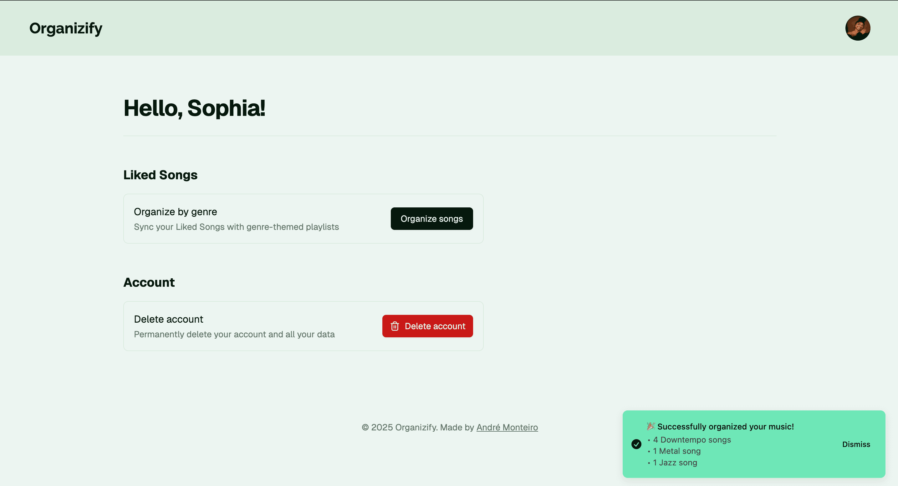 User's dashboard with a successful toast that shows the organized genres